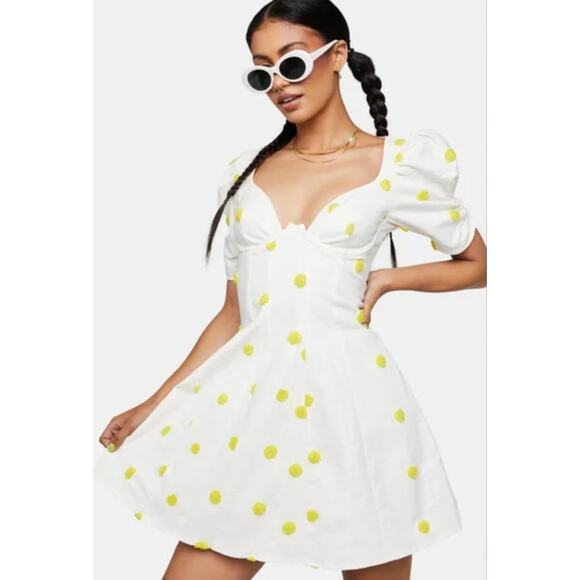For Love & Lemons Puff Sleeve Mini Dress White Yellow Polka Dot Open Back XS - Picture 1 of 11